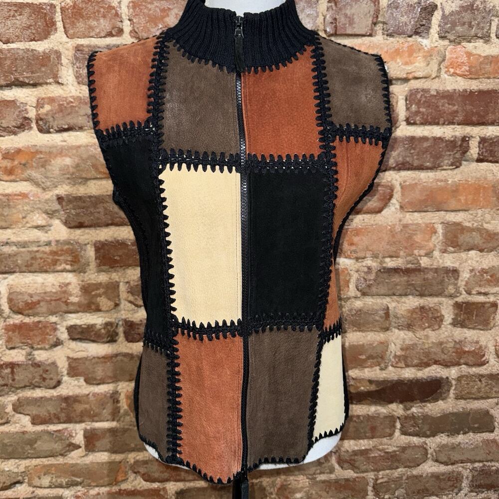 Vintage Artisan Leather Suede Patchwork Vest Boho 90s Zip Designer Studio M - Picture 4 of 9